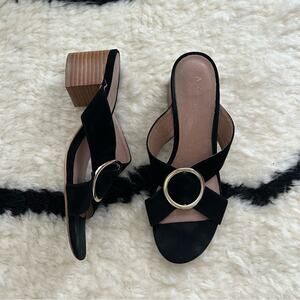 Anthropologie Black Suede Ring Block Heel Sandals
